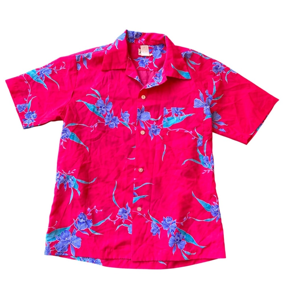 Dianes Hawaii Floral Button Front Shirt Pink Purple Tropical Short sleeve vtg‎
